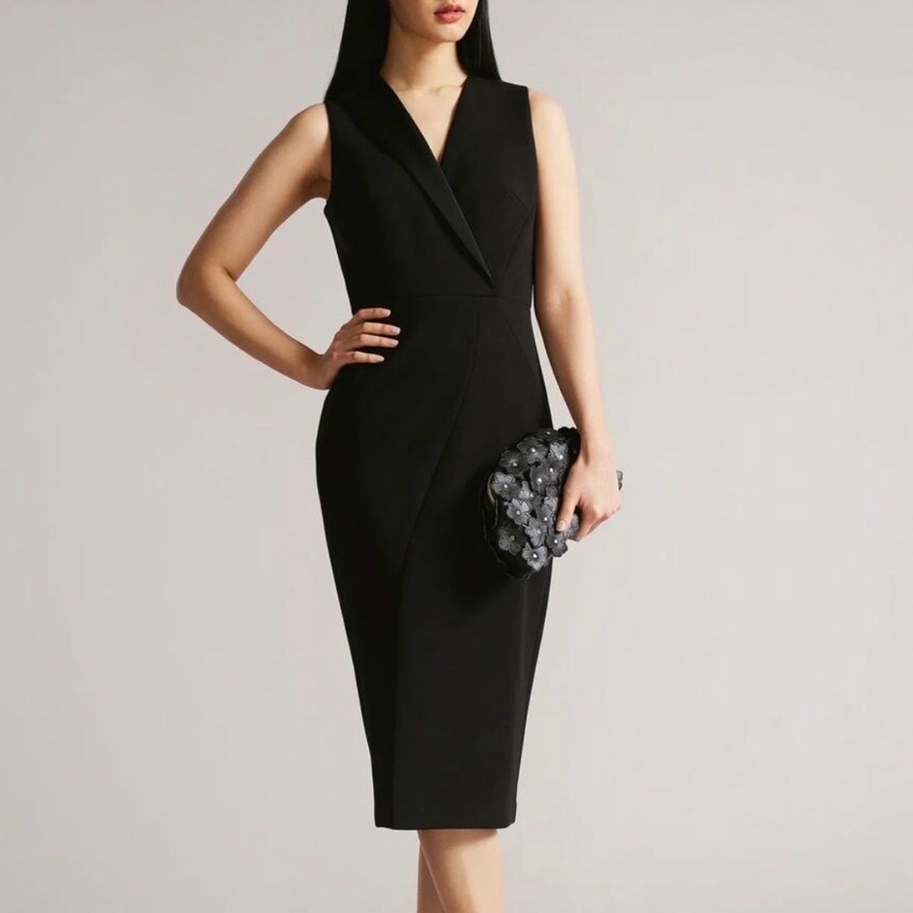 Ted Baker Tilolah Dress Fitted Midi Dress Black size 3/ US 8